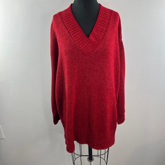 Vintage DVF Diane von Furstenberg Red Metallic Sweater V-Neck Pullover Size 3X - Picture 2 of 10